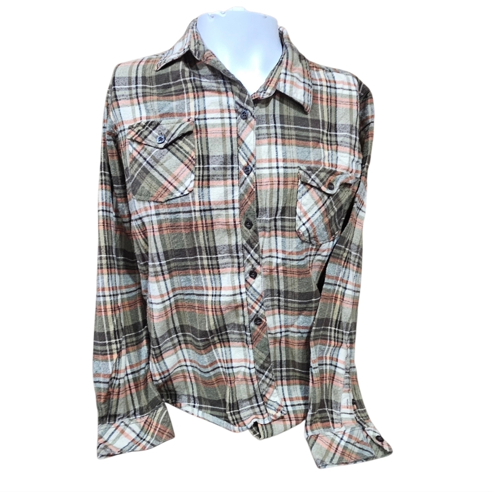 Natural Reflections Women’s XL Plaid‎ Flannel Button Up Shirt Olive Peach Cotton